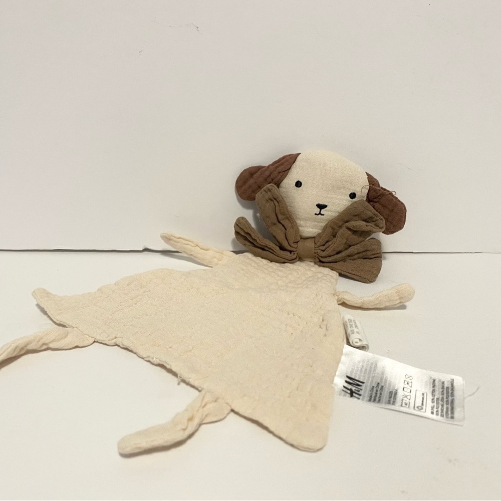 H&M Beige Tan Muslin Puppy Dog Security Blanket Baby Lovey Brown Ears Bow